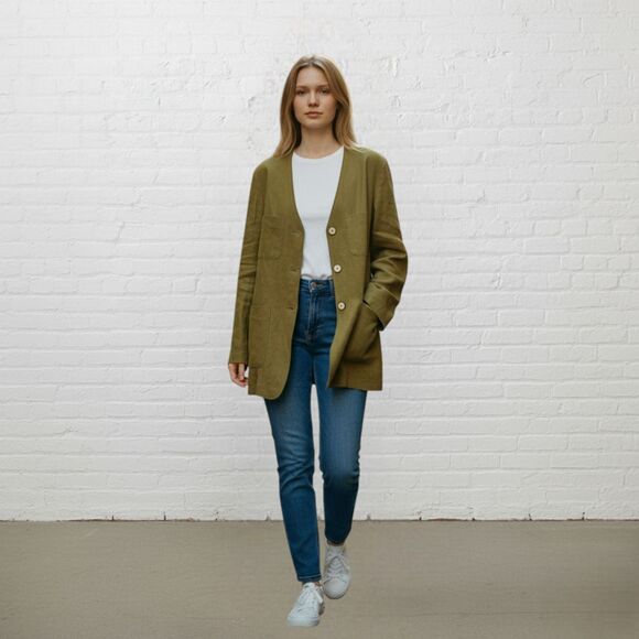 Liz Claiborne Collection Jacket 14 Vintage Silk Linen Blazer Olive Green 90s - Picture 1 of 16
